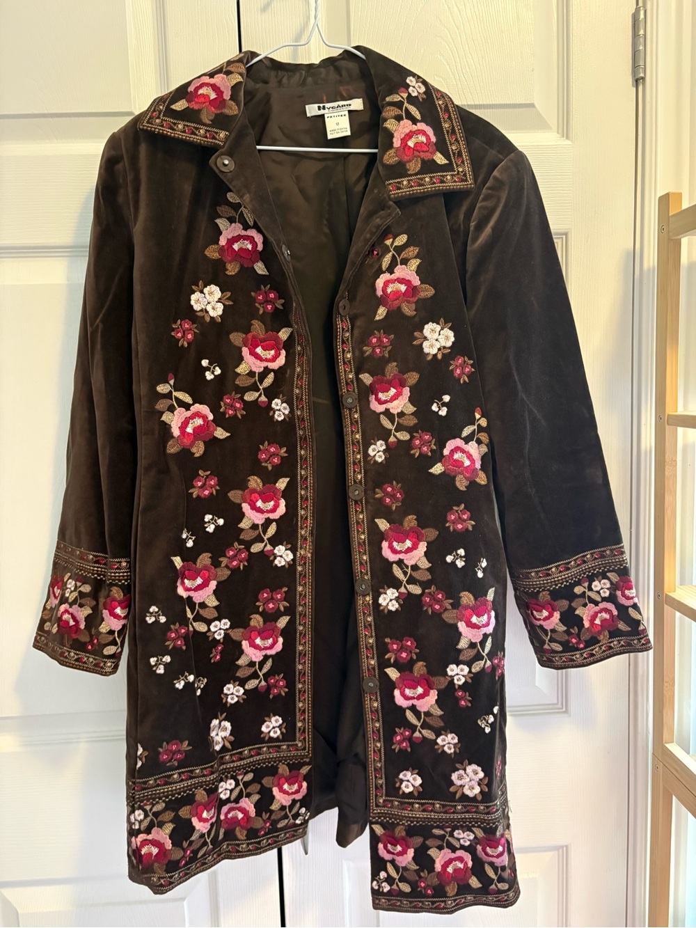 Vintage Nygard Collection Brown Velvet Trench Coat with Pink Floral Embroidery